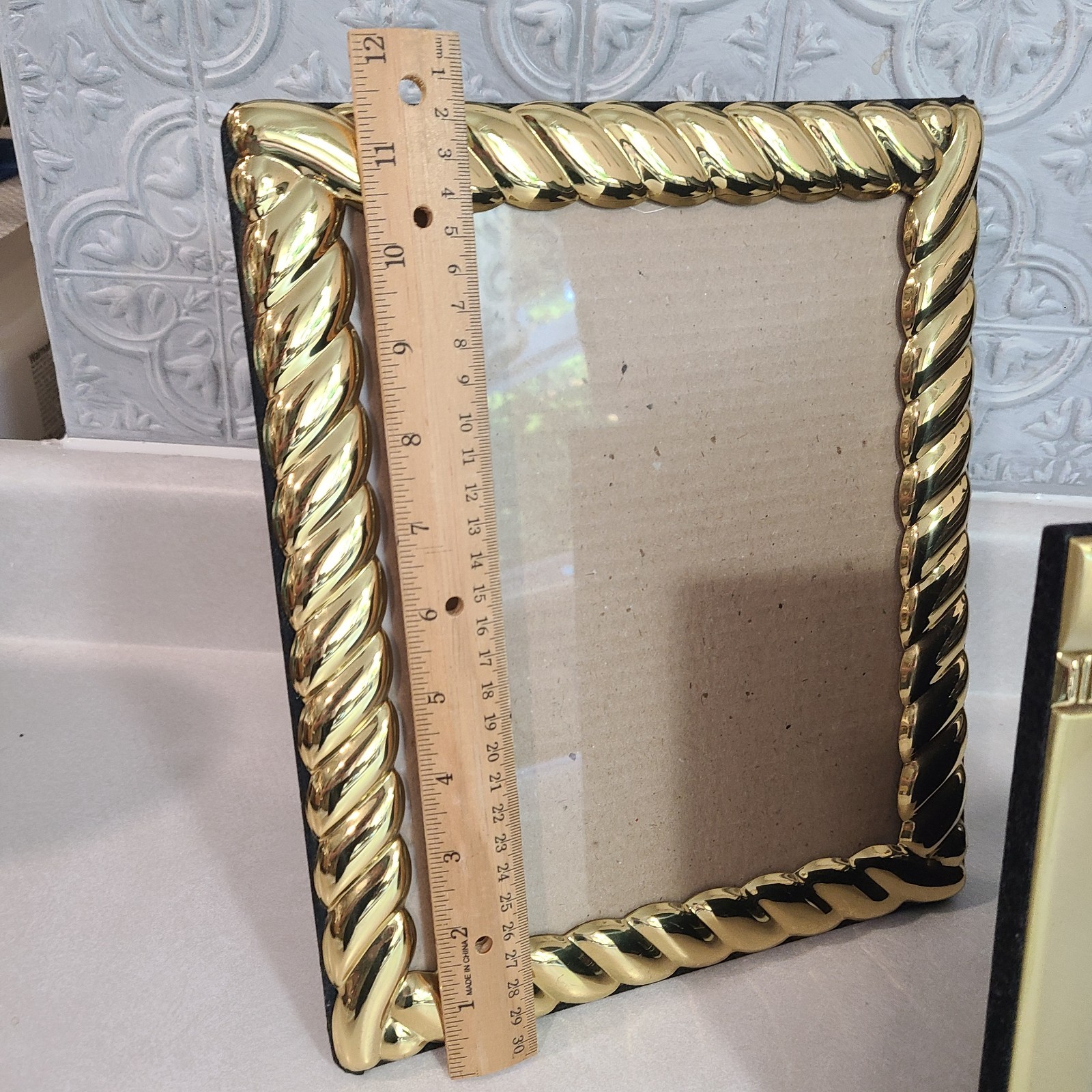Set Of 3 Brass Picture Frames Standing Textured & Smooth Lg Med Sm Velvet Backs