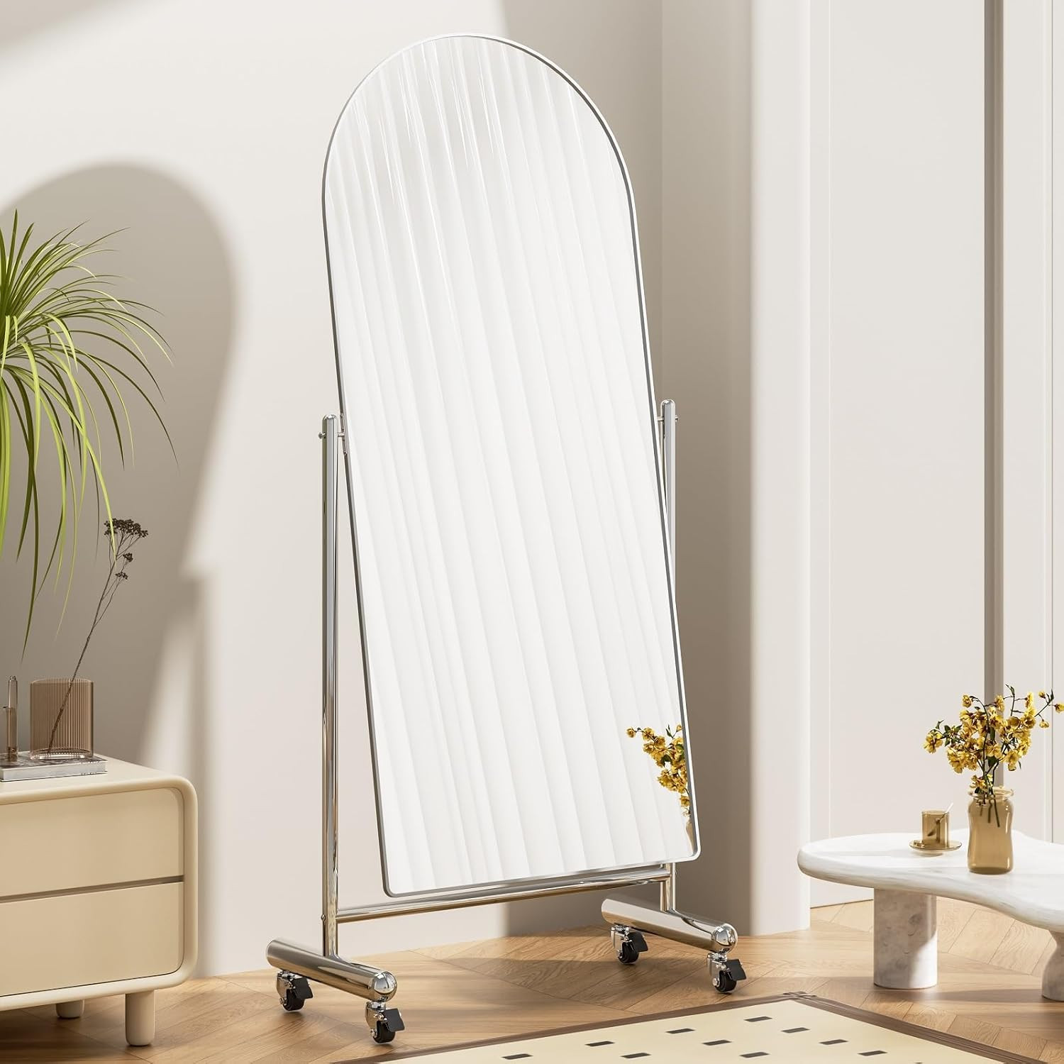 Large Arched Full Length Mirror on Wheels, Rolling Tilting Swivel Floor Mirror 6