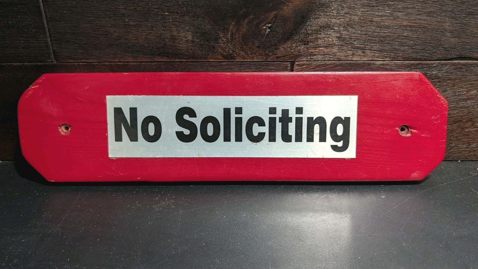 Vintage Handmade No Soliciting Sign Wooden and Metal Red 14 x3 1/2″ Horizontal