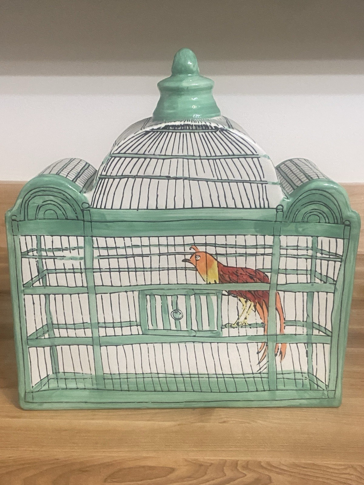 Molly Hatch Trompe-l’Oeil Birdhouse Bird Cage Ceramic Signed Anthropologie Decor