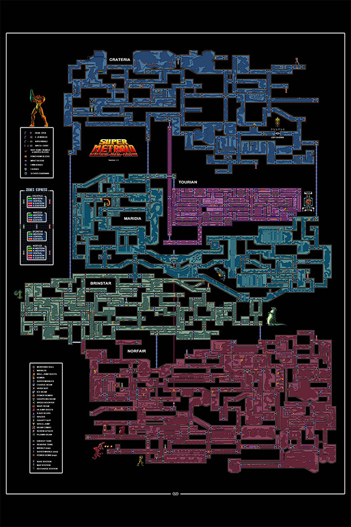 Super Metroid Map Super Console Samus Aran Wall Art Home – POSTER 20×30