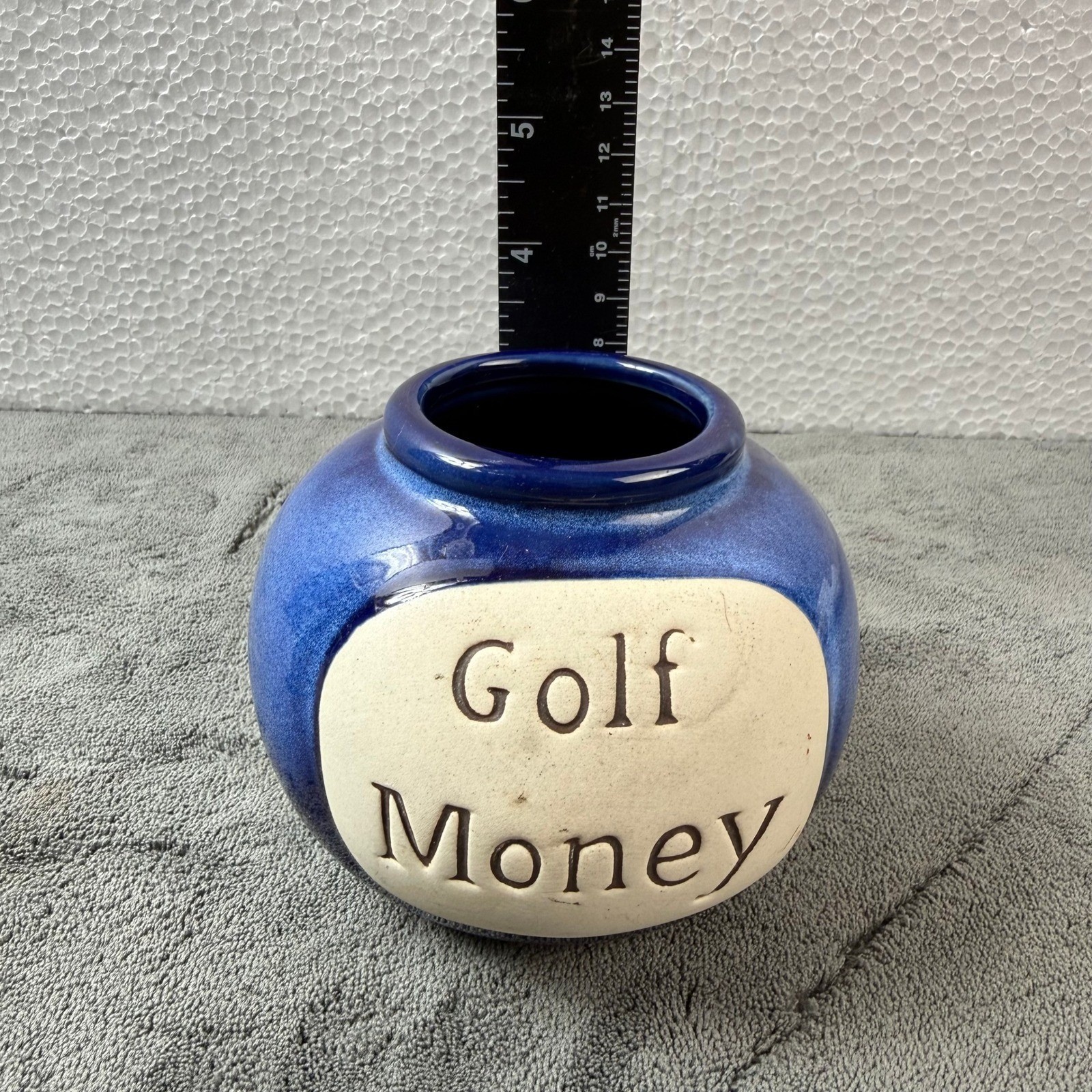 Golf Money Ceramic Coin Bank Jar Blue Desk Decor Gift Golfer Man Cave Novelty