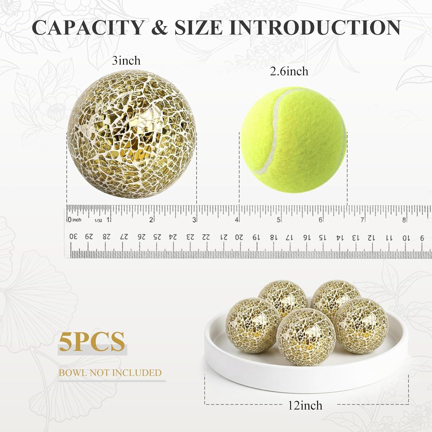 5PCS Decorative Balls for Bowls, 3 Inch Gold Orbs Glass Balls for Centerpiece Bo