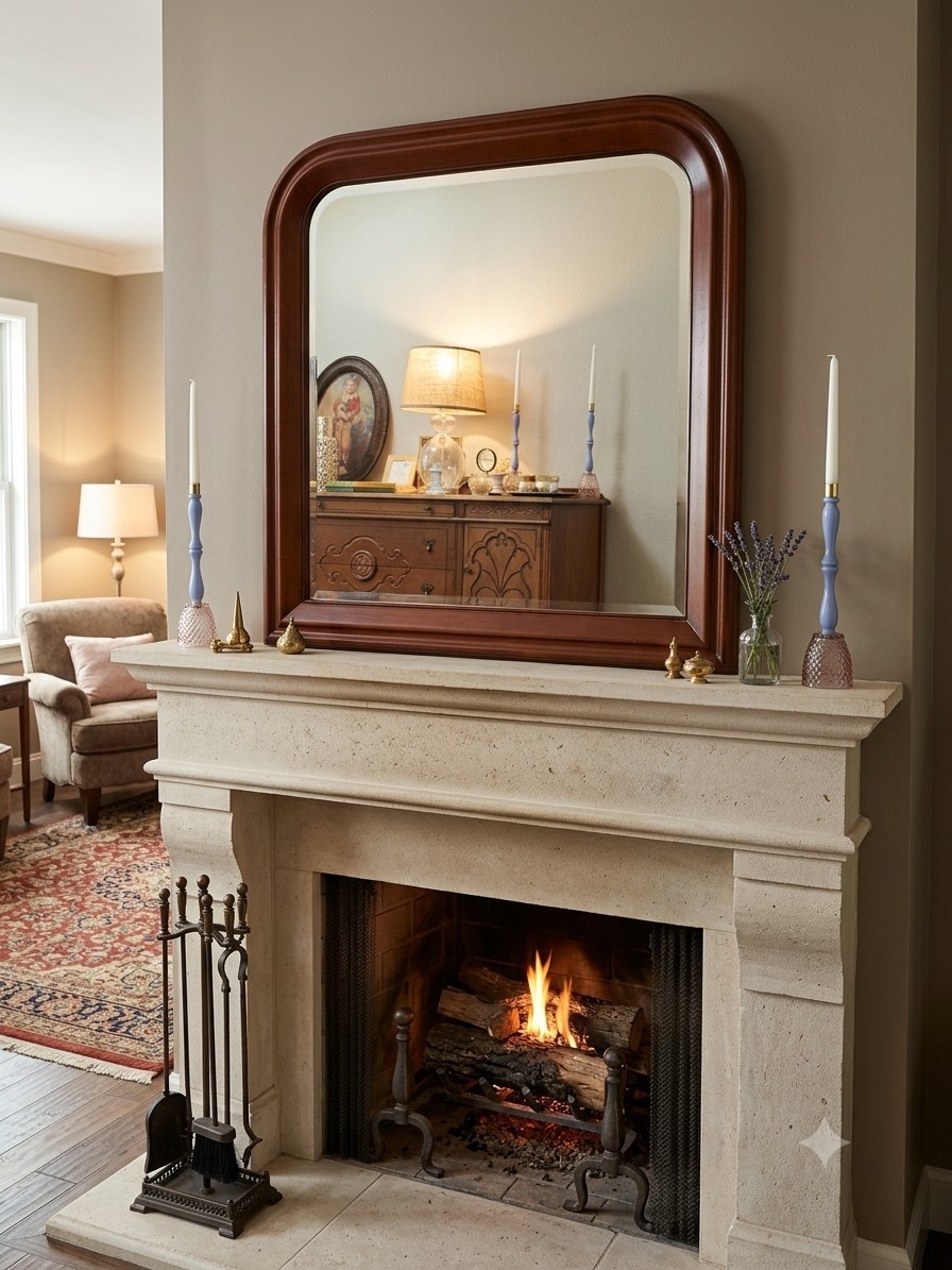 Louis Philippe-style wall dresser mirror Molded wood frame Rounded upper corners