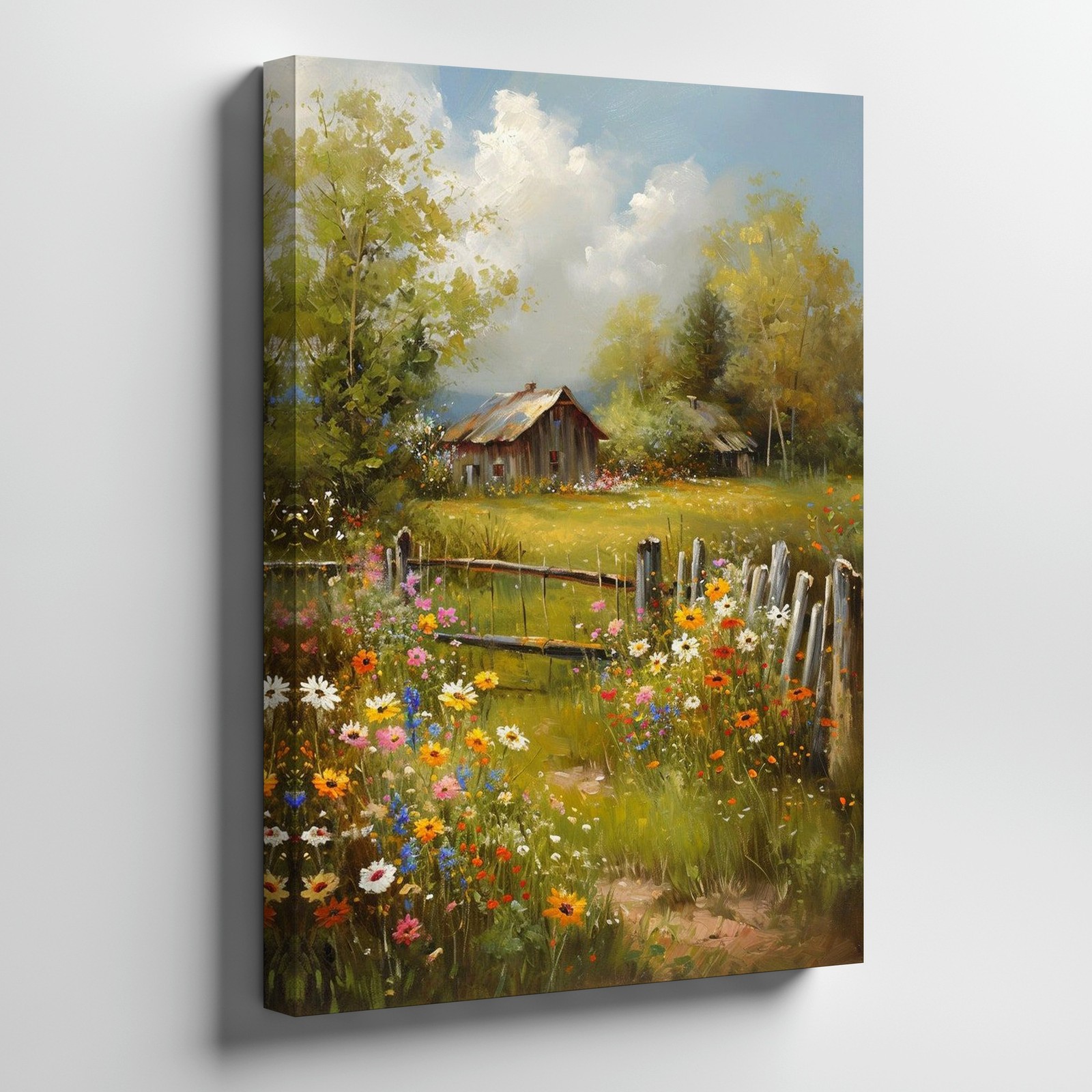 Rustic Country Landscape Canvas Wall Art Floral Meadow Barn Scene Decor Print