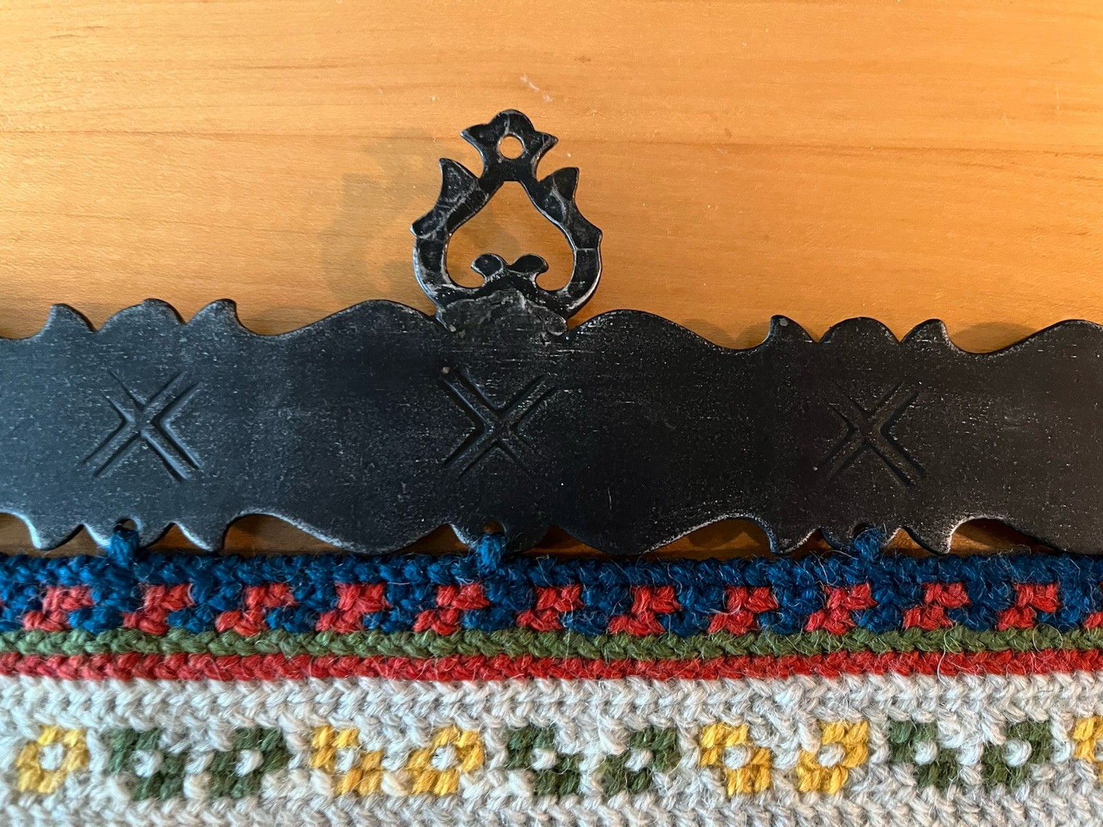 Norwegian Hand Embroidered Tvistsom Folk Art Tapestry 36in With Iron Hanger