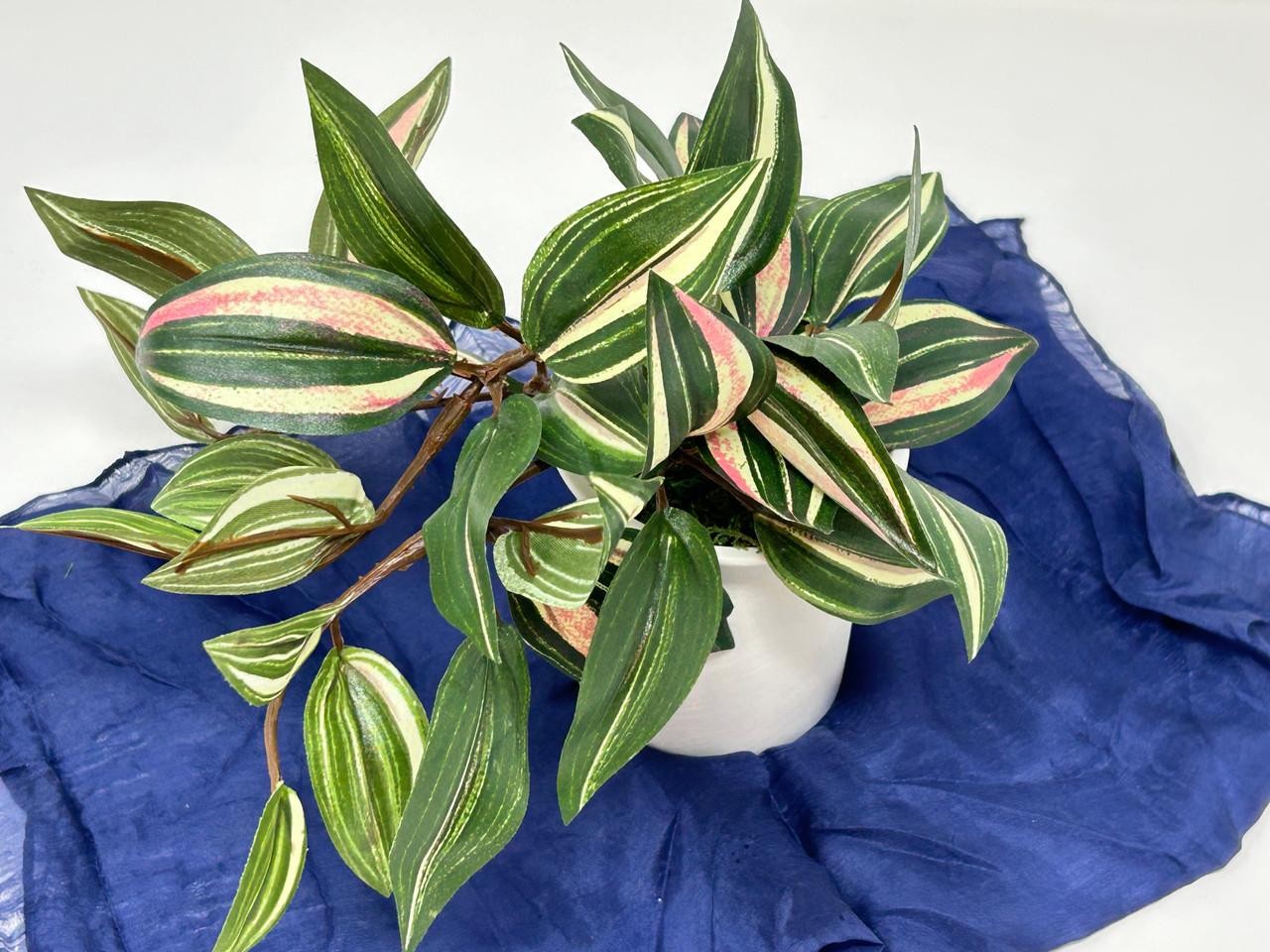 6.5″ Mini VARIEGATED JEW faux Silk plant potted in matte white Ceramic Pot, hand