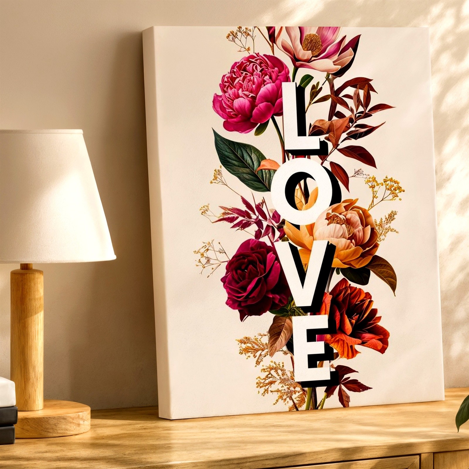 Wall Art Floral LOVE Typography Print Pink Peony Rose Bouquet Botanical Decor