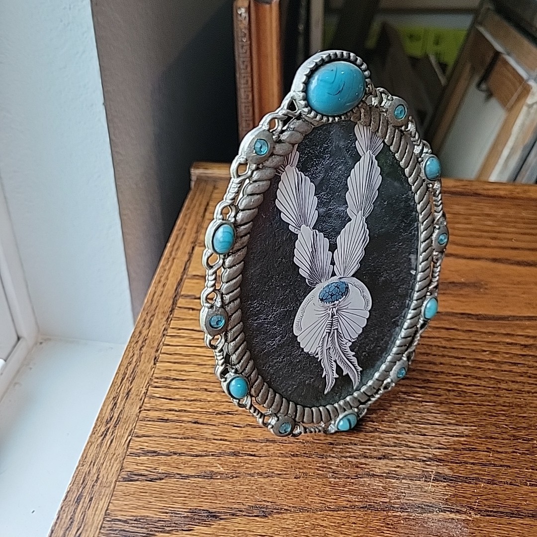 Photo Frame Silver Pewter Oval Faux Turquoise Open Work Standup Easel Rope SW
