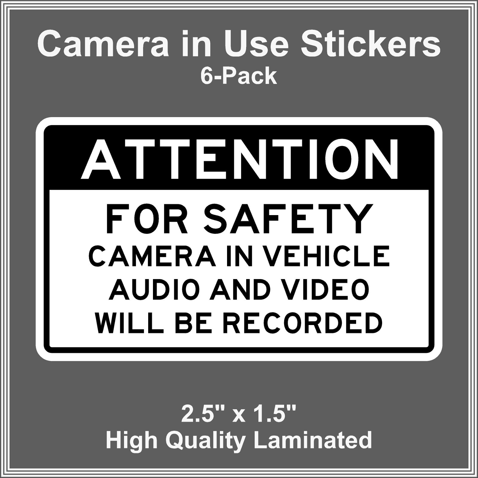 Camera in Car Recording Video 6-Pack Decals Black & White 2.5″ x 1.5″ for Uber