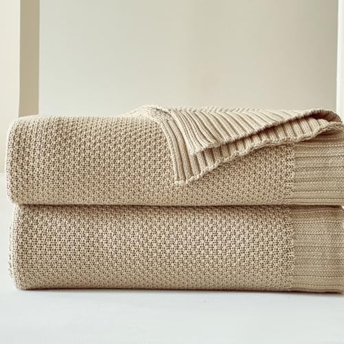 100% Cotton Throw Blanket, Solid Color Cable Knitted Throw 50×60″ Light Khaki