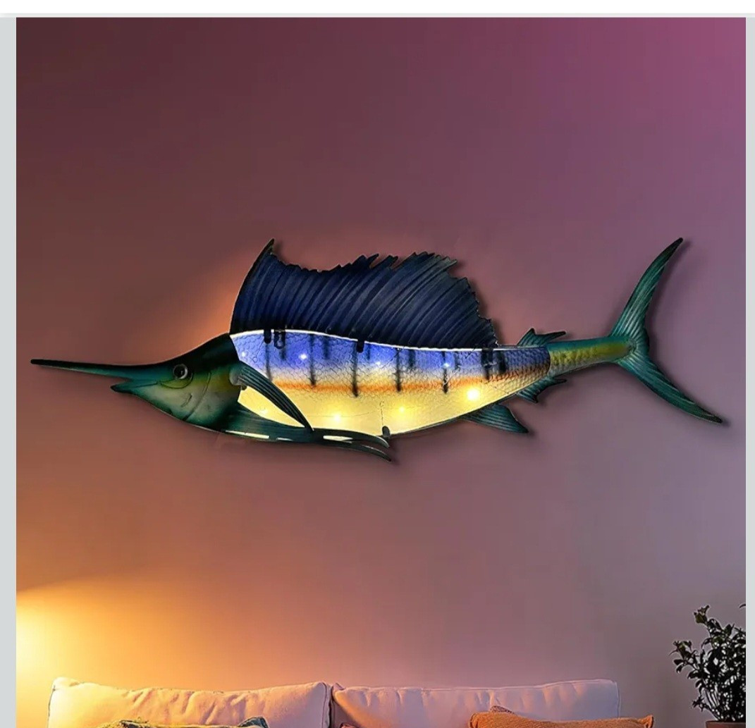 Large Metal Sailfish Wall Art w/ LED Lights Indoor Outdoor Coastal Decor 36″