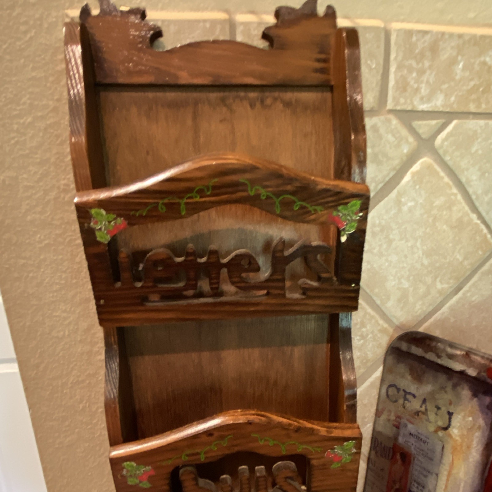 Wood & Metal Wall Mounted Mail Organizer, Brown Rectangle, 3 Compartments
