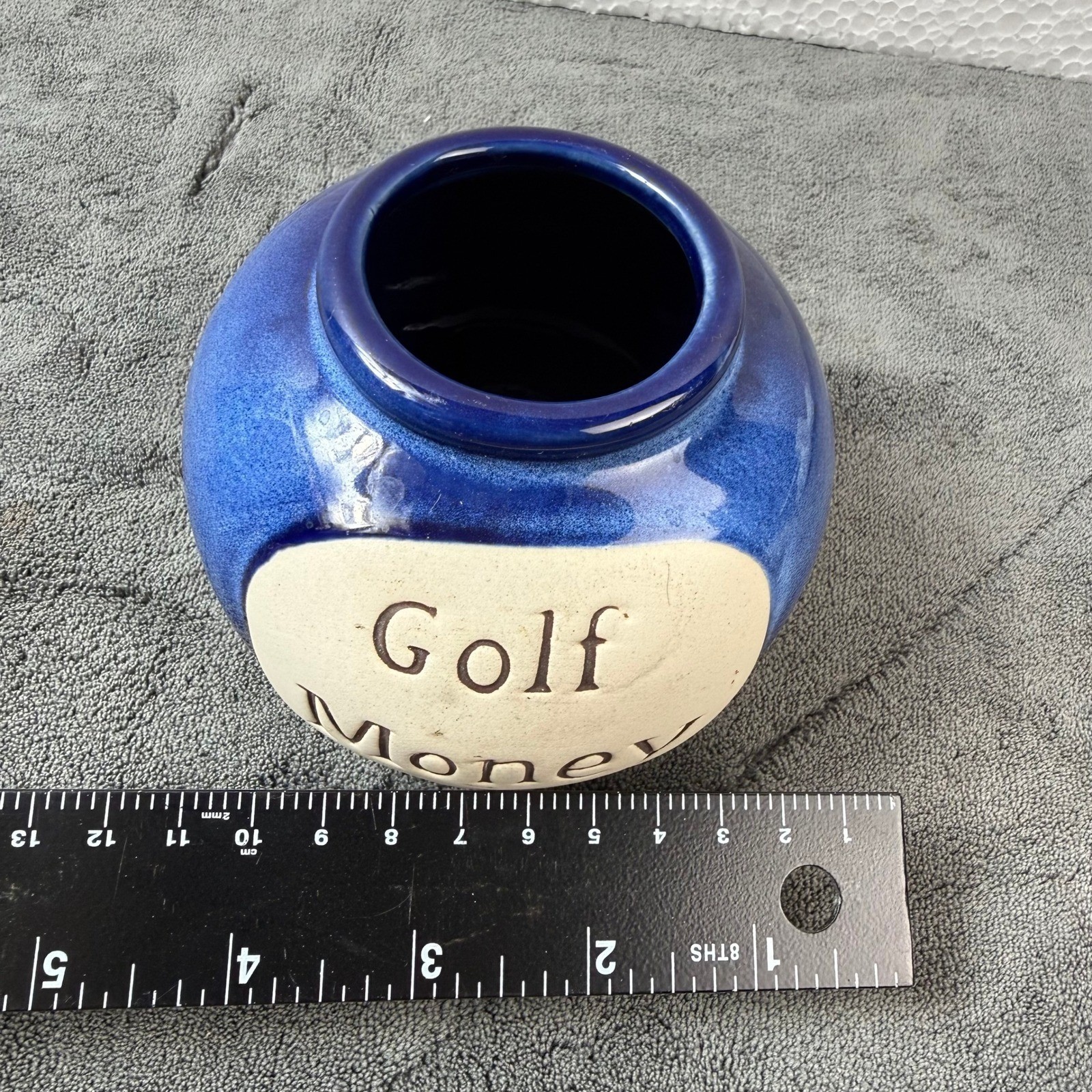 Golf Money Ceramic Coin Bank Jar Blue Desk Decor Gift Golfer Man Cave Novelty