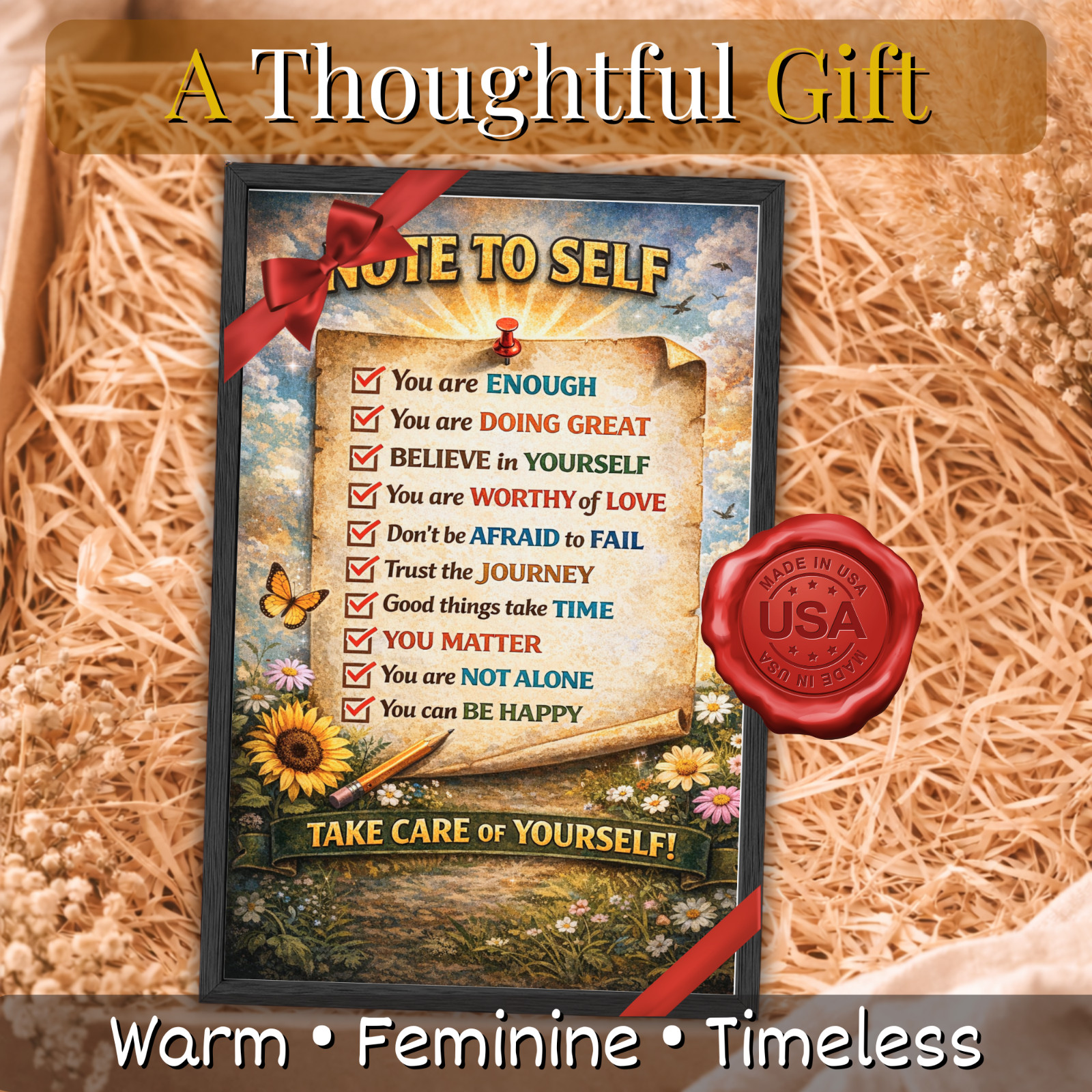 Note to Self Inspirational Wall Art Mental Health Framed Poster 11×17