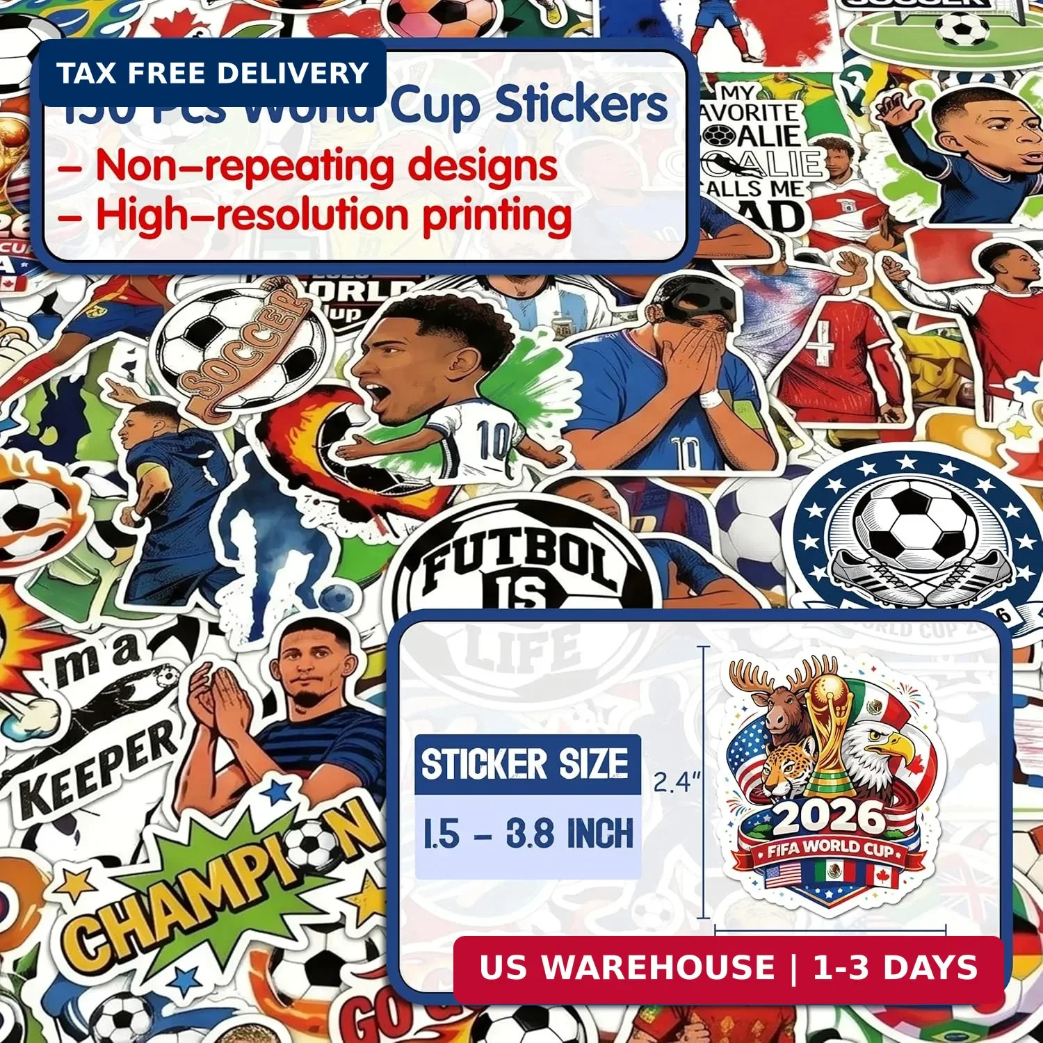 150Pcs Soccer Stickers Vinyl Waterproof Non-Repeating for Boys Girls Teens Adult