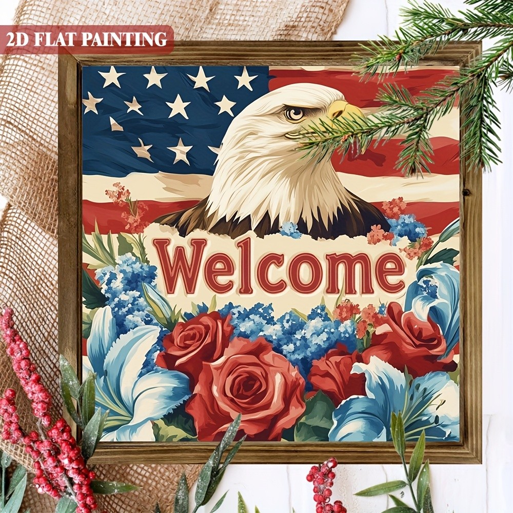 Welcome American Eagle with Flowers Wall Art, Farmhouse Patriotic Decor