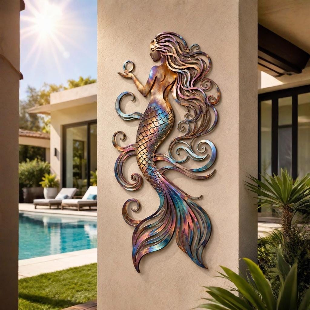 Mermaid Metal Wall Art, Coastal Mermaid Wall Decoration, Beach House Ocean Wall