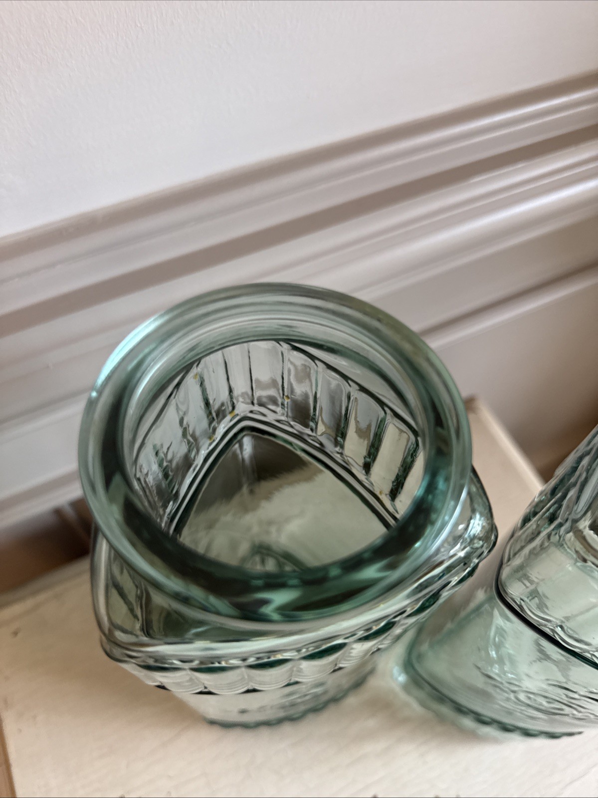 Two Turquoise 3-sided Storage Jars Embossed Design Glass 11.5″