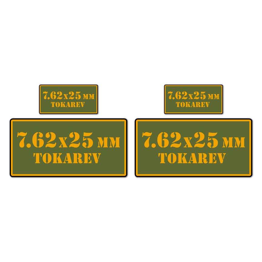7.62×25 Tokarev Ammo Set, Vinyl Decal Sticker, 2@ 1″x2″ & 2@ 2″x4″, #8363
