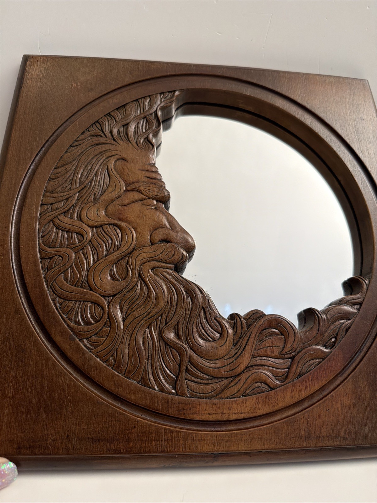 Vintage 1977 Hardin Signed 12″ Wood Carving Crescent Man in the Moon Wall Mirror