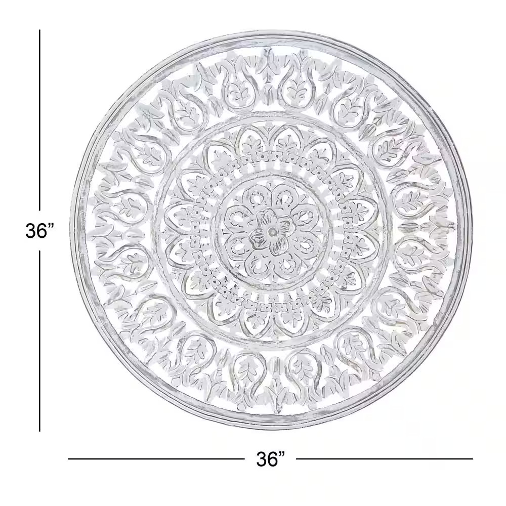 36 In. X 36 In. Wood White Handmade Intricately Carved Floral Wall Decor with Ma
