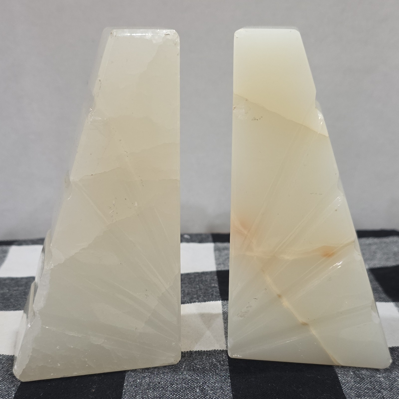 White Polished Stone(Onyx?) Bookends Pair Geometric, Smooth 6″. 4 pounds total