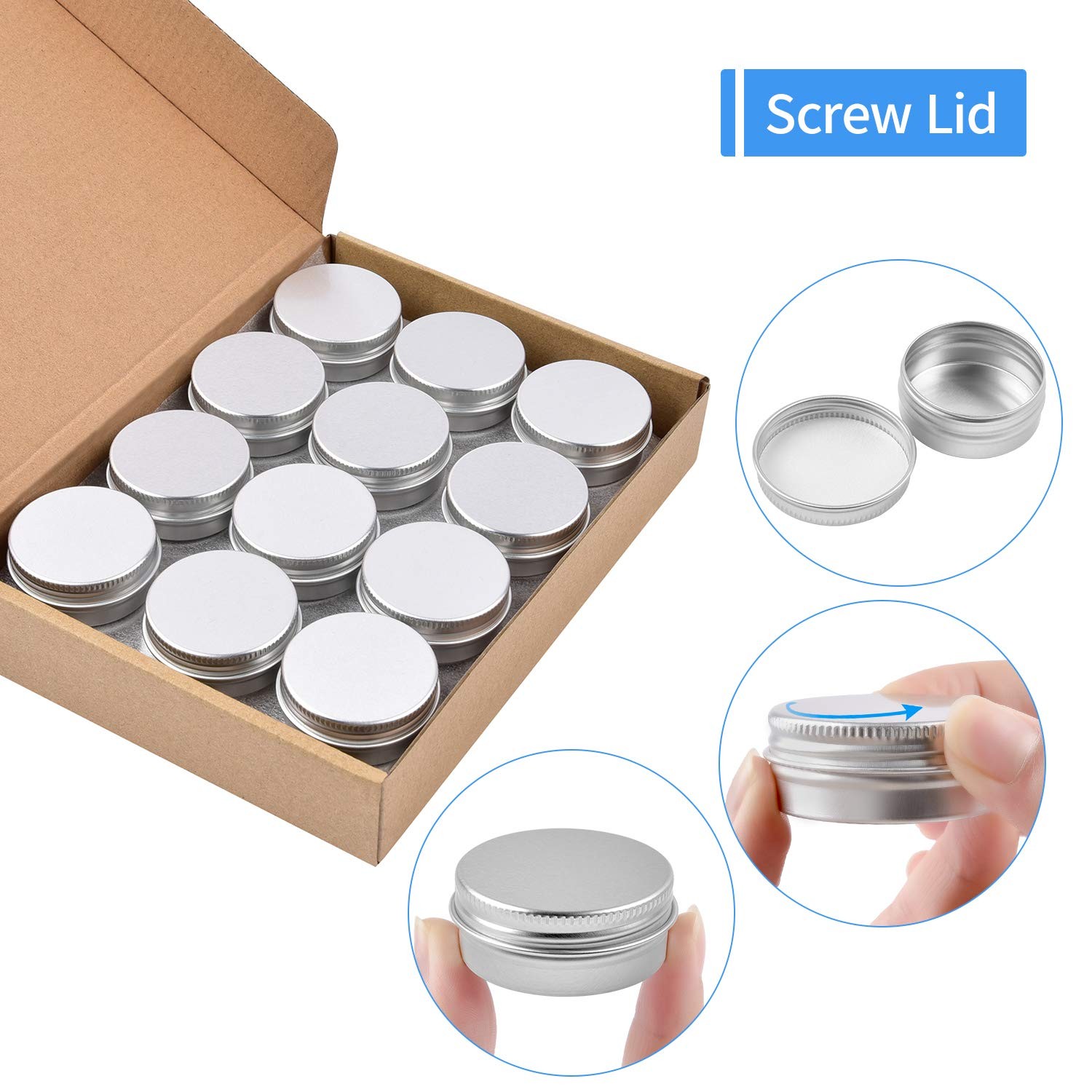 Aluminum Tin Cans, 24PCS 1/2 Oz Metal Round Containers Screw 1/2oz, silver