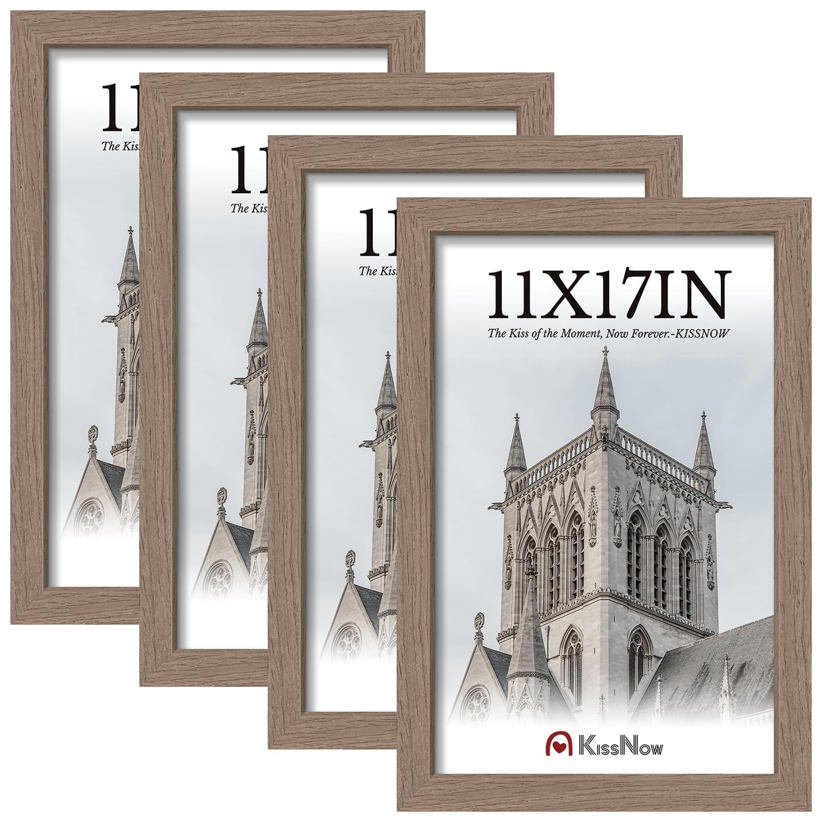 11×17 Picture Frame Set of 4, Walnut Wood, Tempered Glass, Vertical/Horizontal D