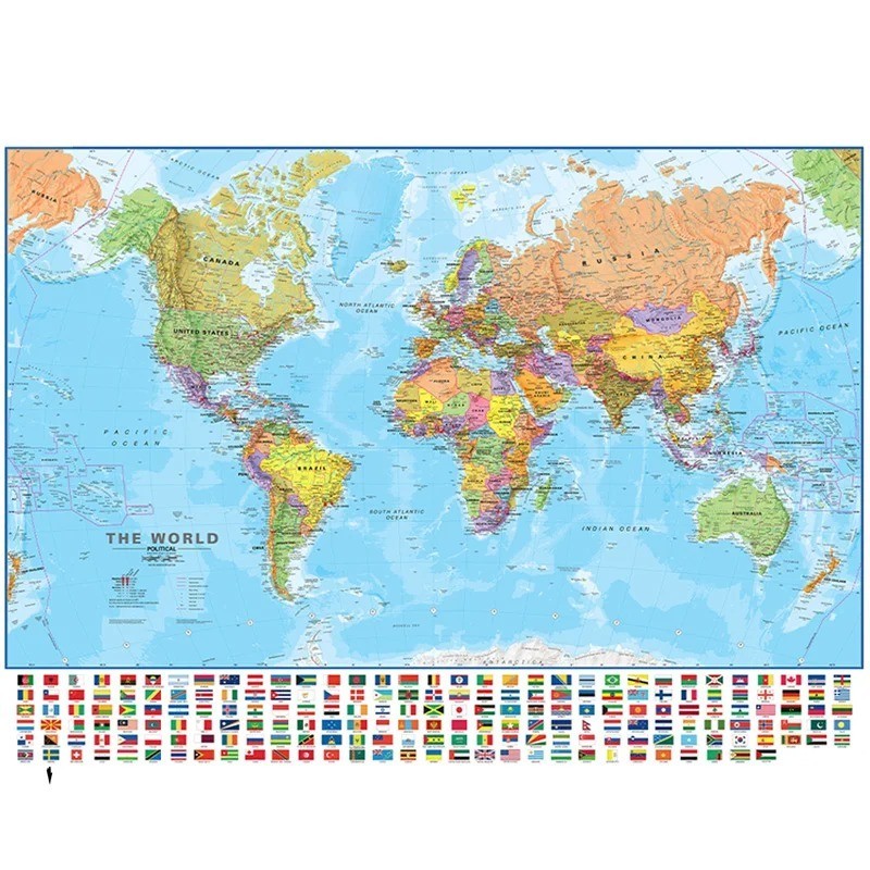 36x24in Decorative World Map with Flags Detailed Poster Painting Wall Art Travel