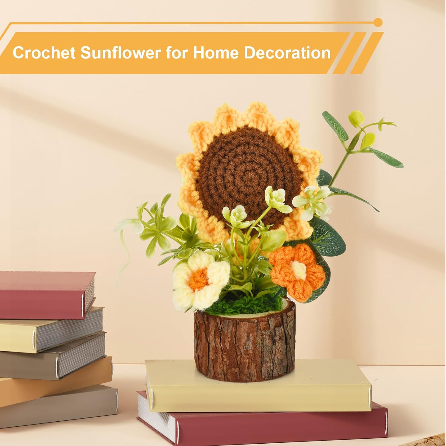 Cute Crochet Flowers Bouquet, Handmade Knitted Sunflowers with Wooden Pot, Croch