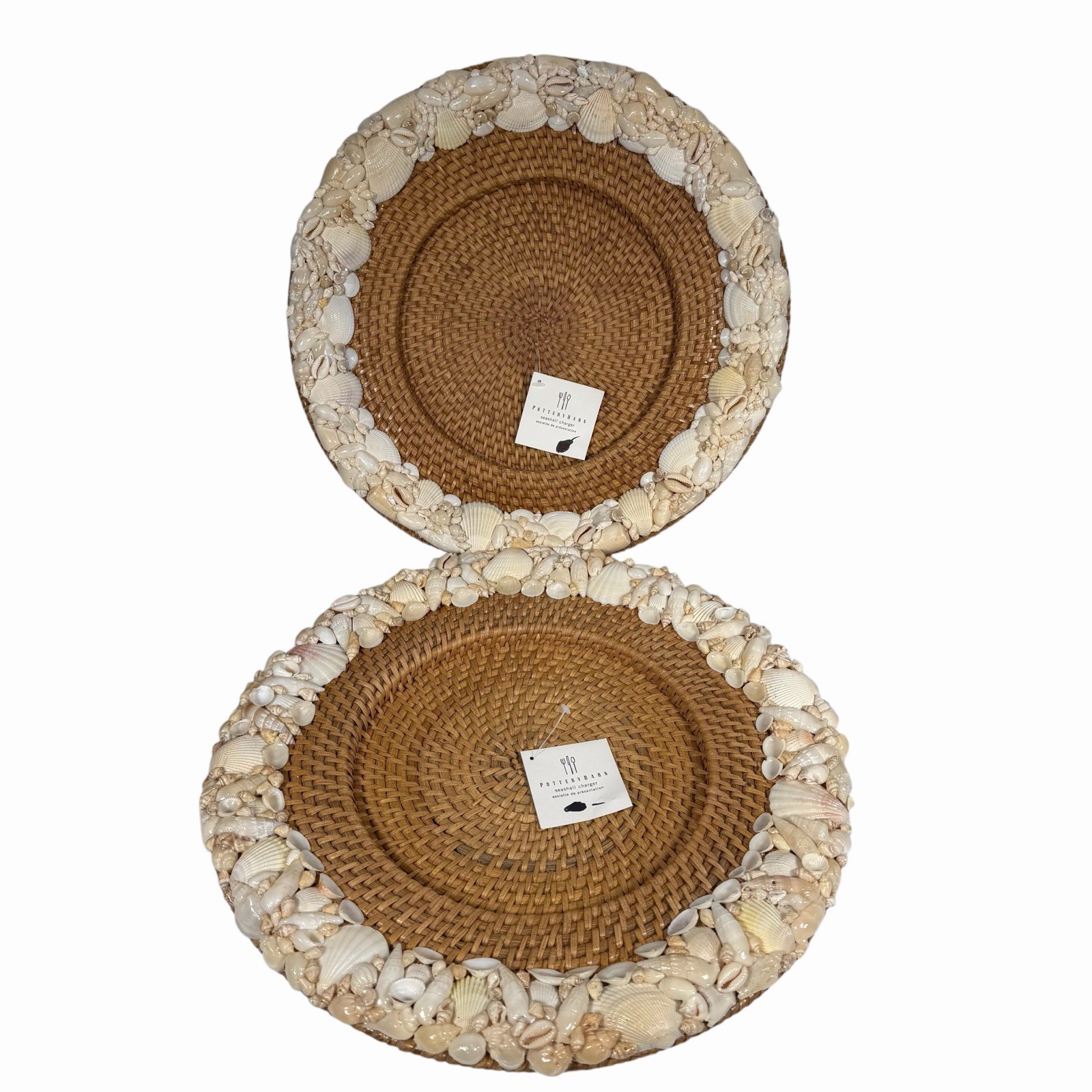 Pottery Barn Sea Shell Rimmed Handwoven Rattan Beach Charger Plate Set Of 2