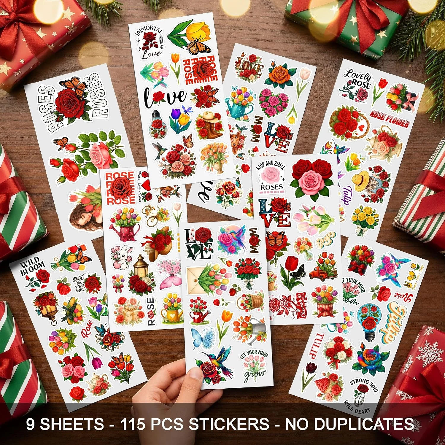 115 PCS Rose and Tulip Stickers Pack, Floral Watercolor Vinyl Waterproof Decals