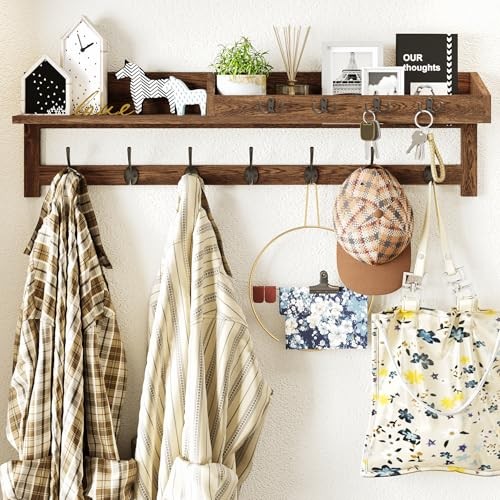 Coat Rack Wall Mount, 35 inch Large Wall Hooks with Shelf, 35″ L Brown