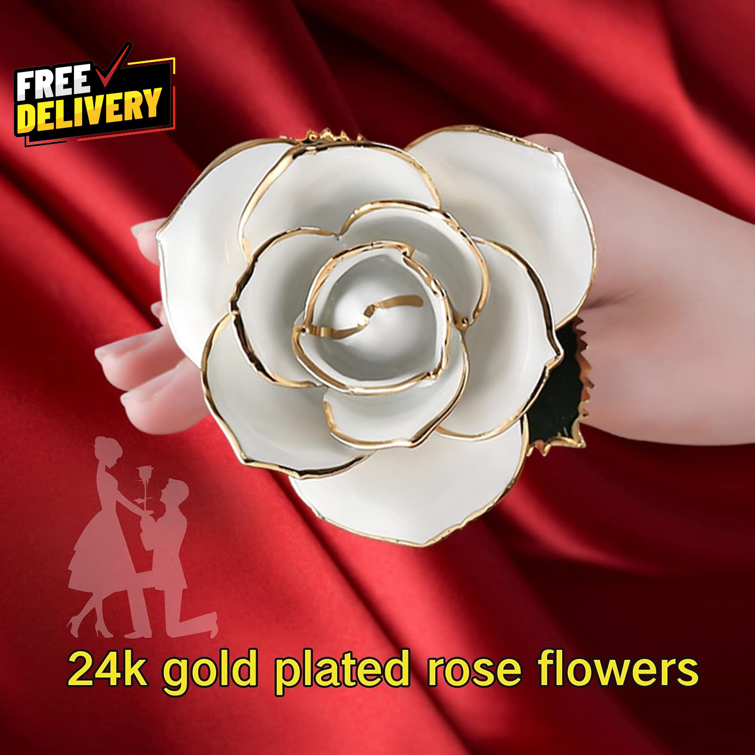 24K Gold Dipped Real Rose Gift w Stand White Gold Rose for Women Forever