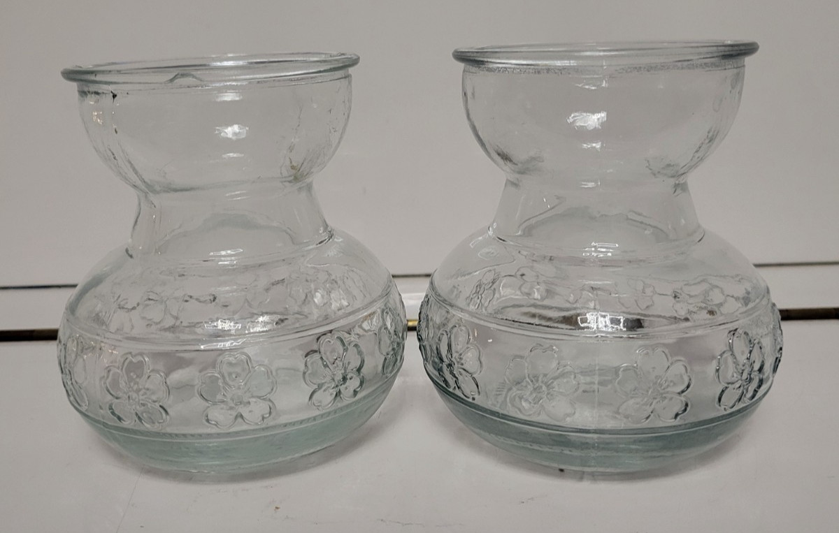 3 CLEAR GLASS ROUND VASES EMBOSSED WITH 4 LEAF CLOVERS 4 INCHES