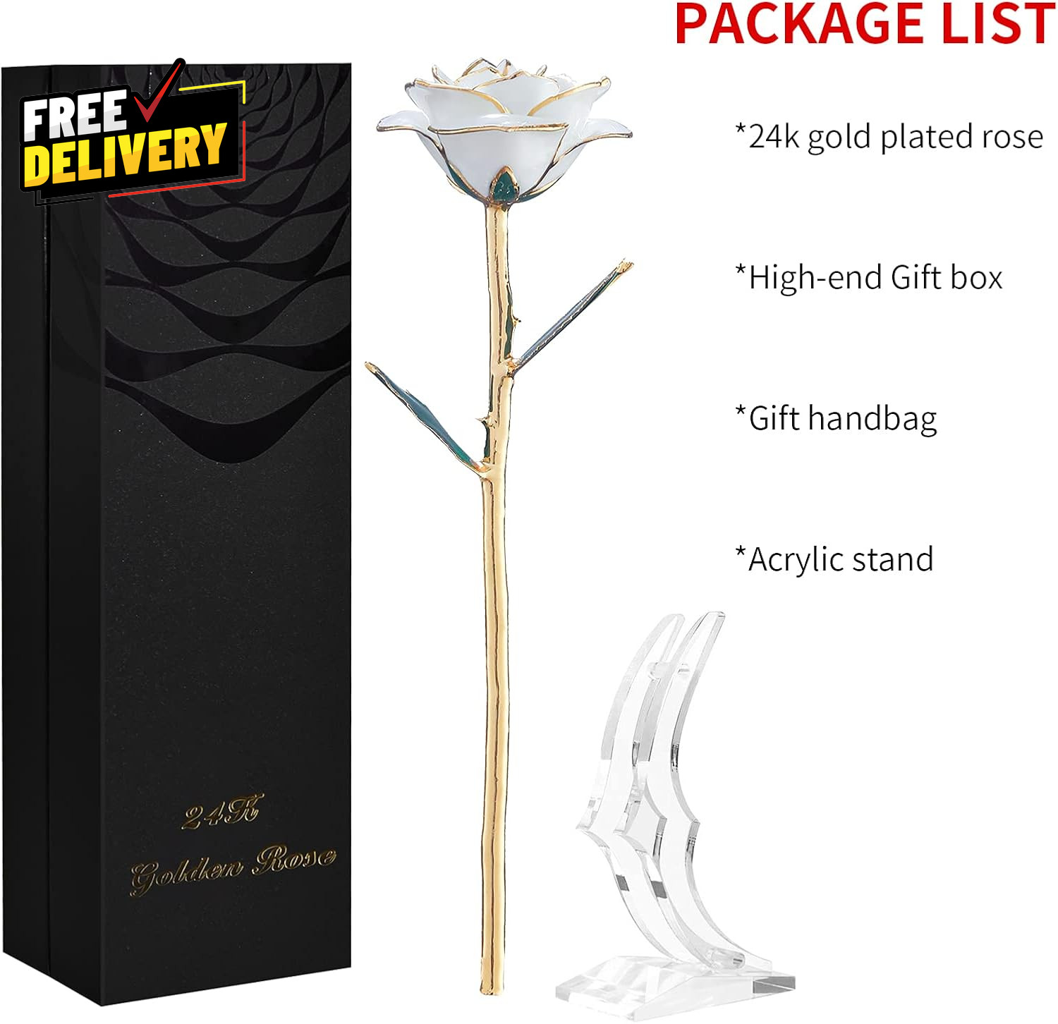 24K Gold Dipped Real Rose Gift w Stand White Gold Rose for Women Forever