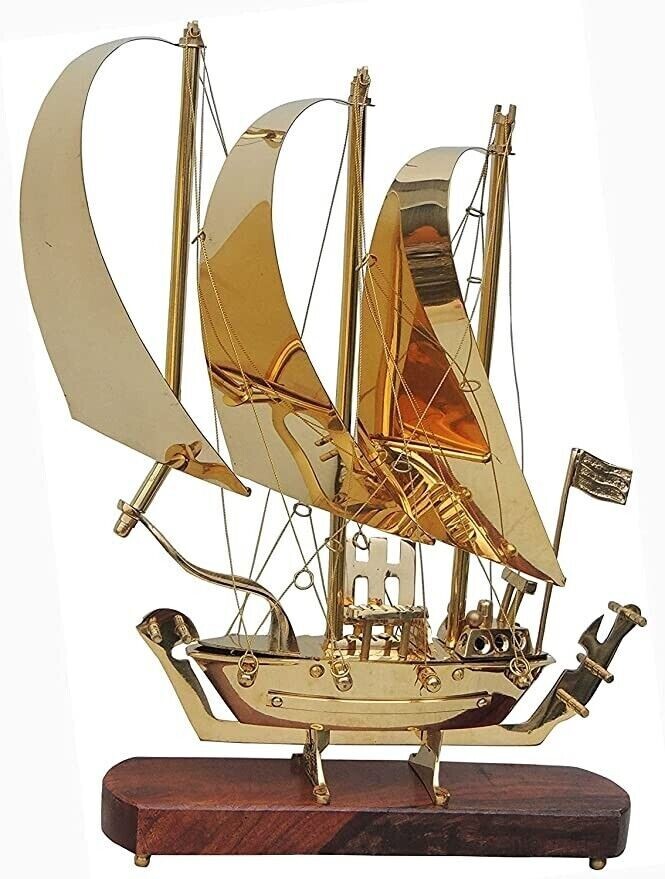 12″ Brass Ship with Wooden Base, Showpiece Item, Perfect for Home Decor & Gift