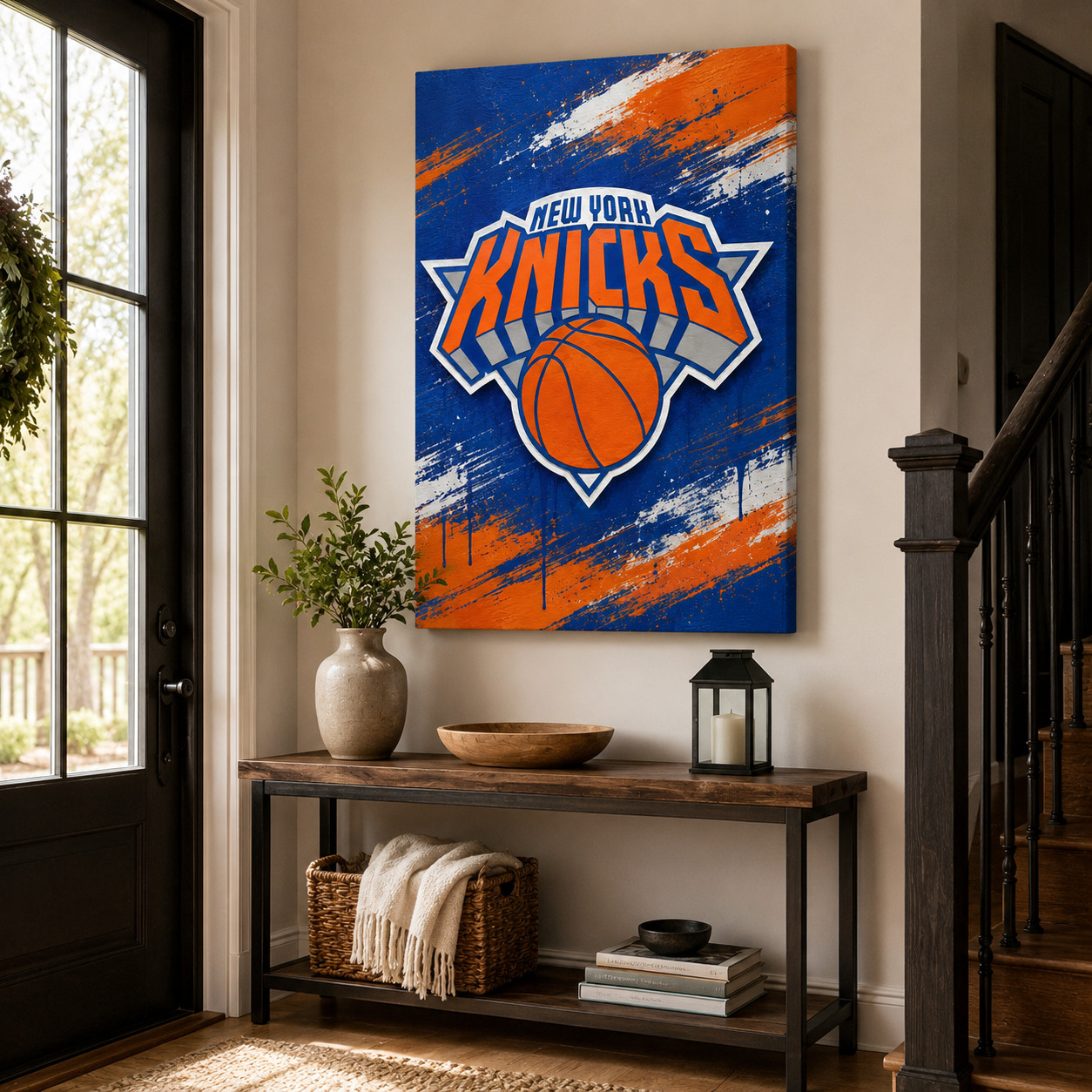 New York Basketball Canvas Wall Art Blue Orange Sports Team Logo Style Man Cave