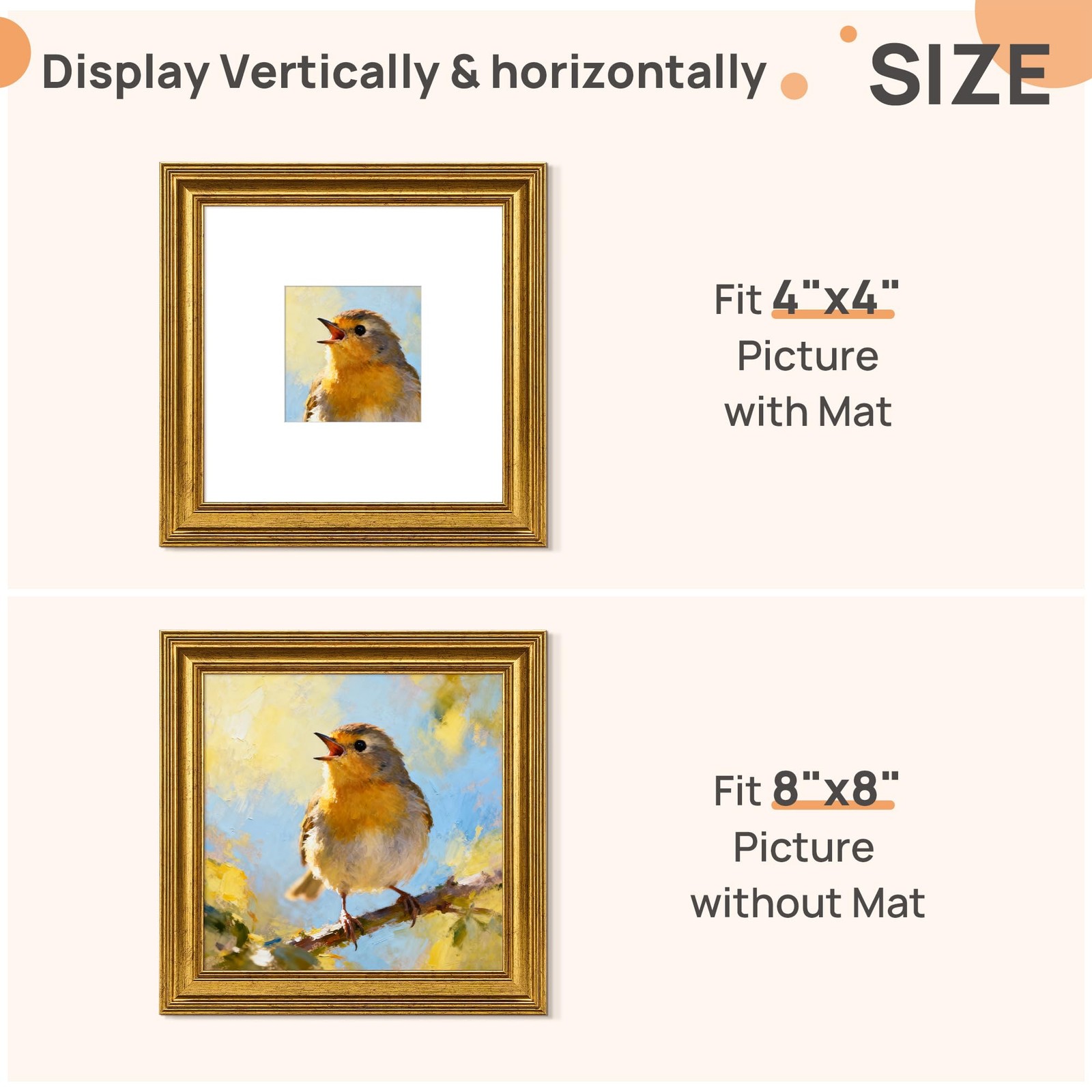 Vintage 8×8 Picture Frames, Antique Gold Frames Display 4×4 with Mat or 8 x 8…