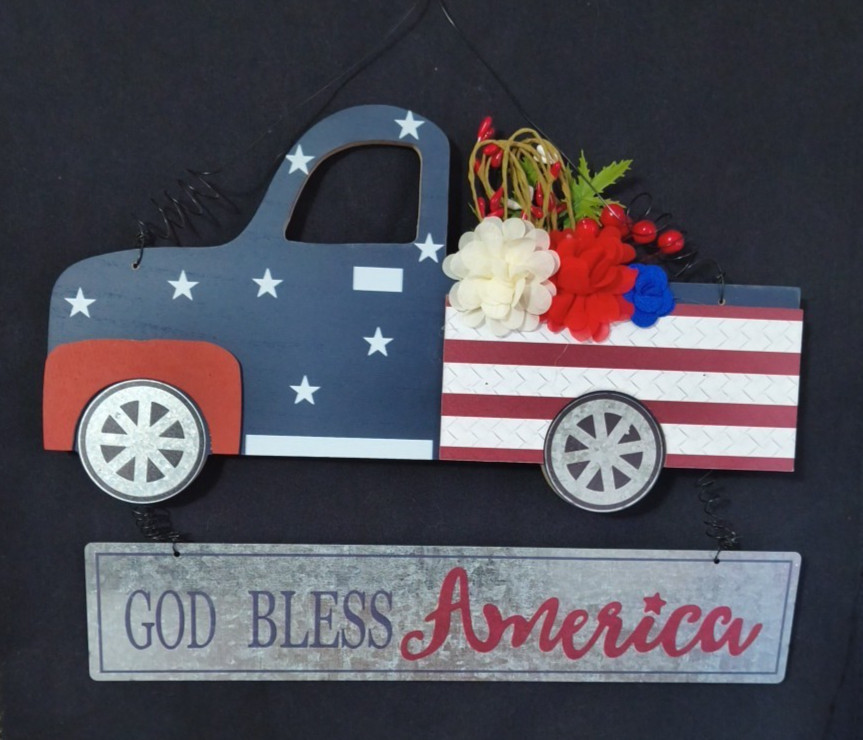 God Bless America Door Hanger 14 inch wide wood and metal