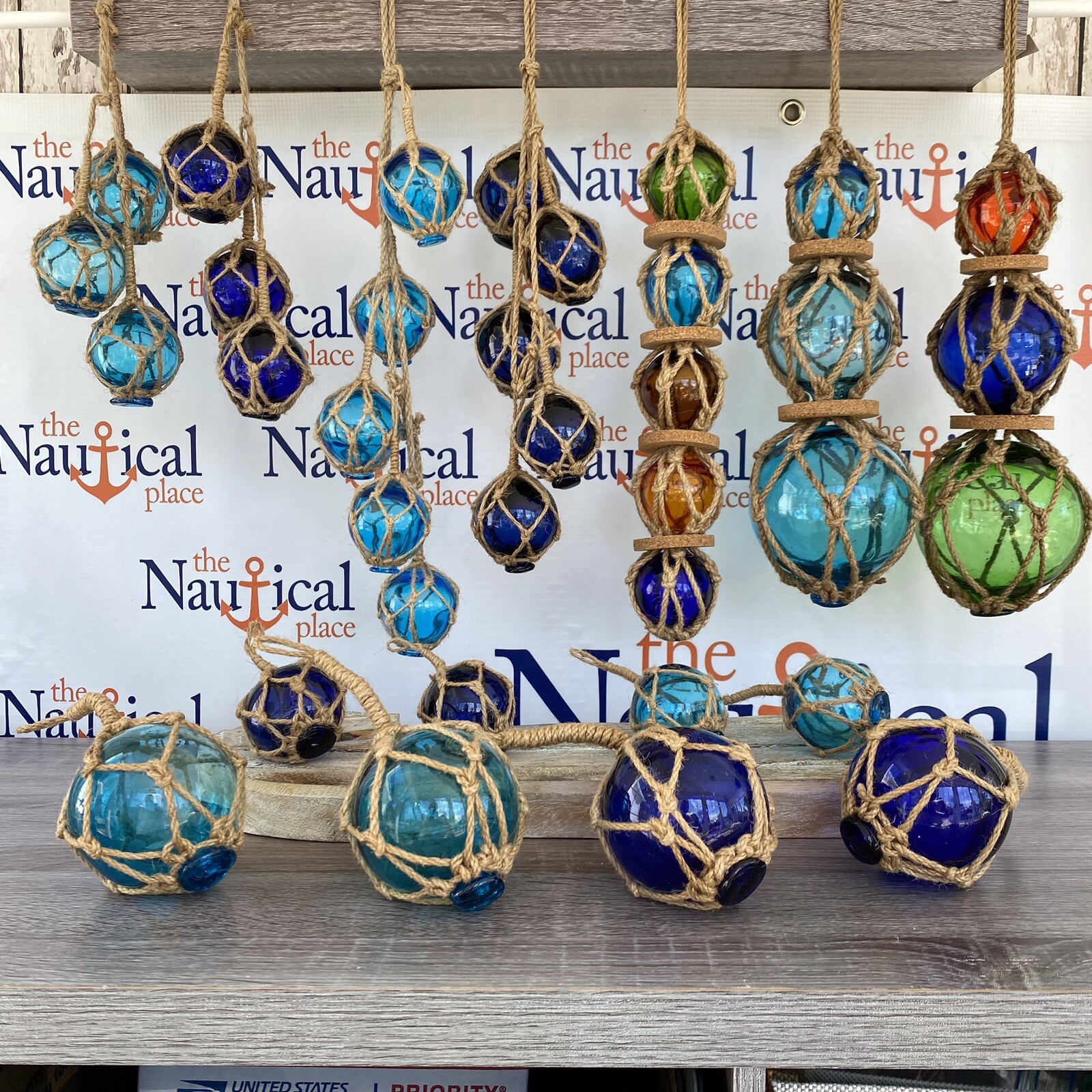 Glass Fishing Floats On Jute Rope – Red, Blue, Aqua, Green – Nautical Wall Decor