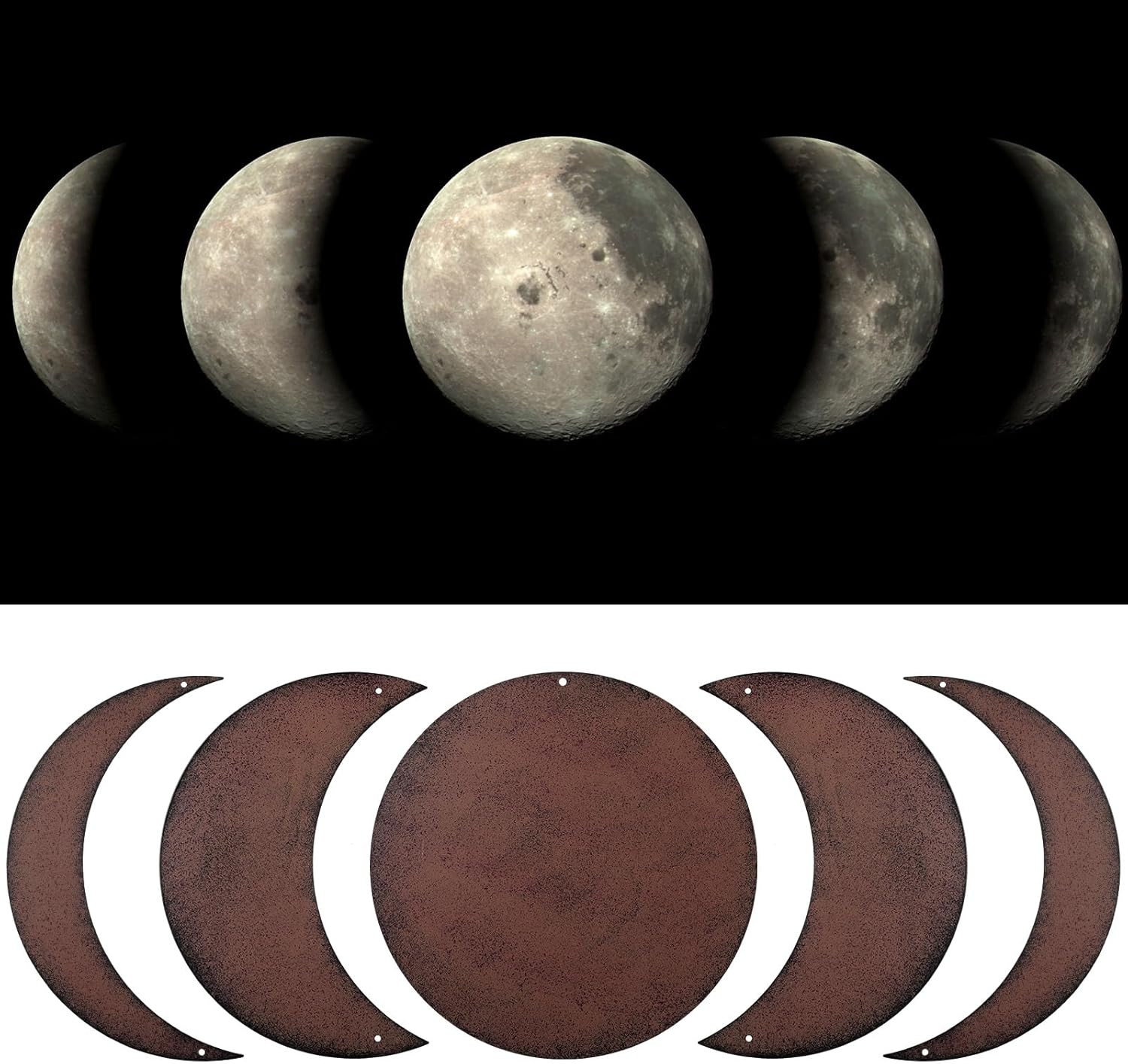 5 Pieces Metal Moon Phase Wall Decor Rusty Moon Distressed Country Primitive Hom