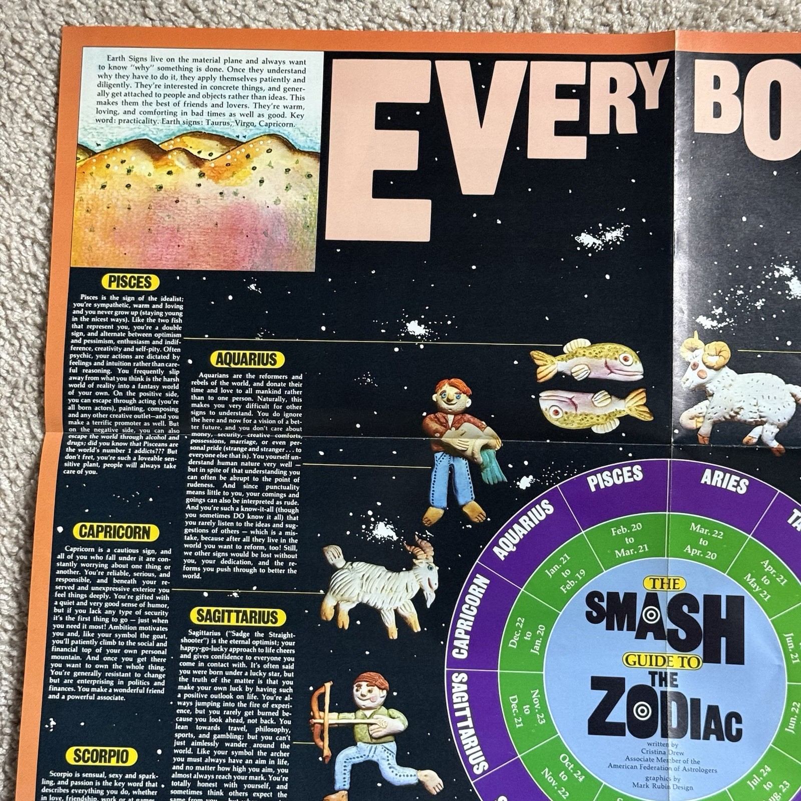 Vintage 70’s Smash Magazine zodiac astrology double sided poster 1974 21.25x22in