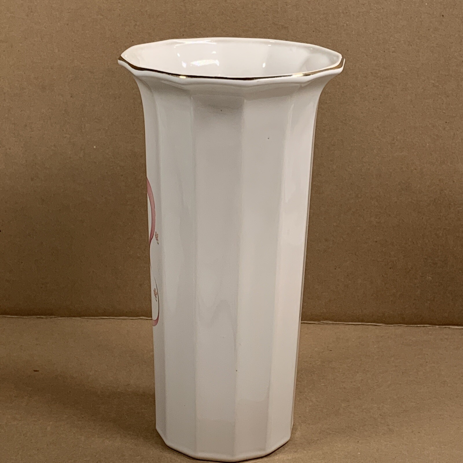 Vintage Fine China Japan Fluted Floral Vase Gold Trim White Dodecagon/12 Sides
