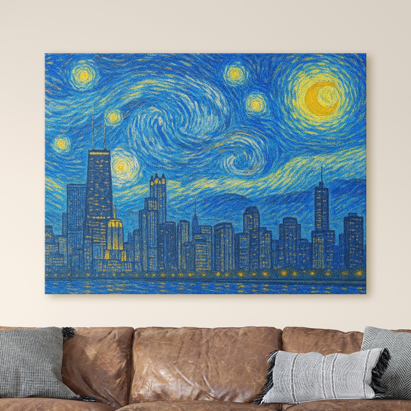 Chicago City Skyline Van Gogh Starry Night USA City Canvas Wall Art Print