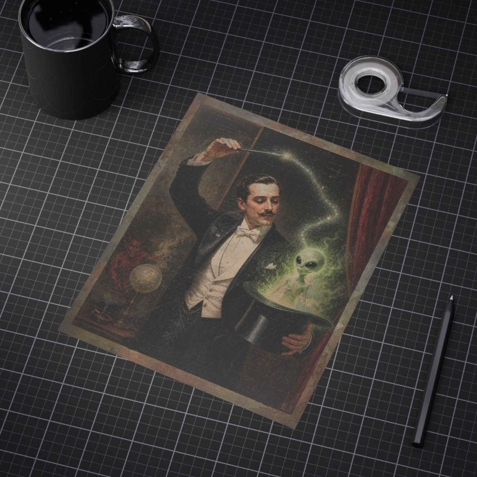 Vintage MAGICIAN ALIEN Wall Art, Magic Trick Satan Decor, Evil Cryptid Poster