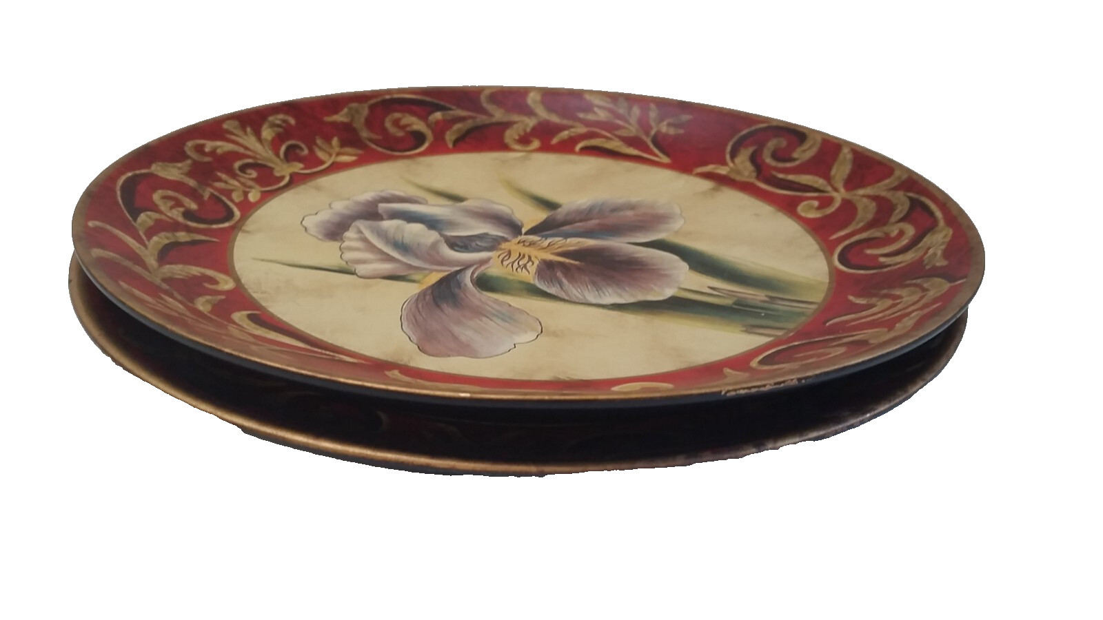 Red and Gold Scroll Bordered Purple Iris Decorative Plate 10”