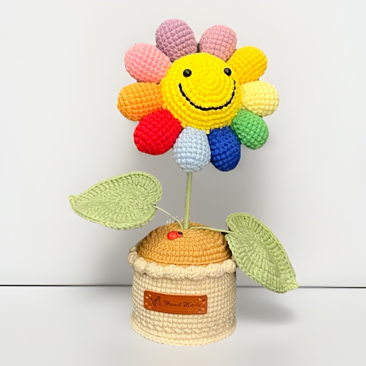 Amigurumi: Handmade Crochet Flower Pot Smiley Face Rainbow Amigurumi Knit 10”
