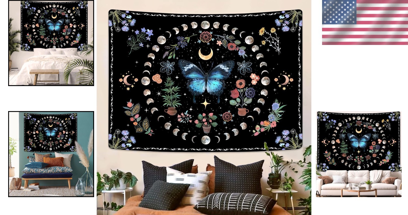 Unique Boho Butterfly Tapestry – Stunning Floral Design, 48” x 36”, Easy Care